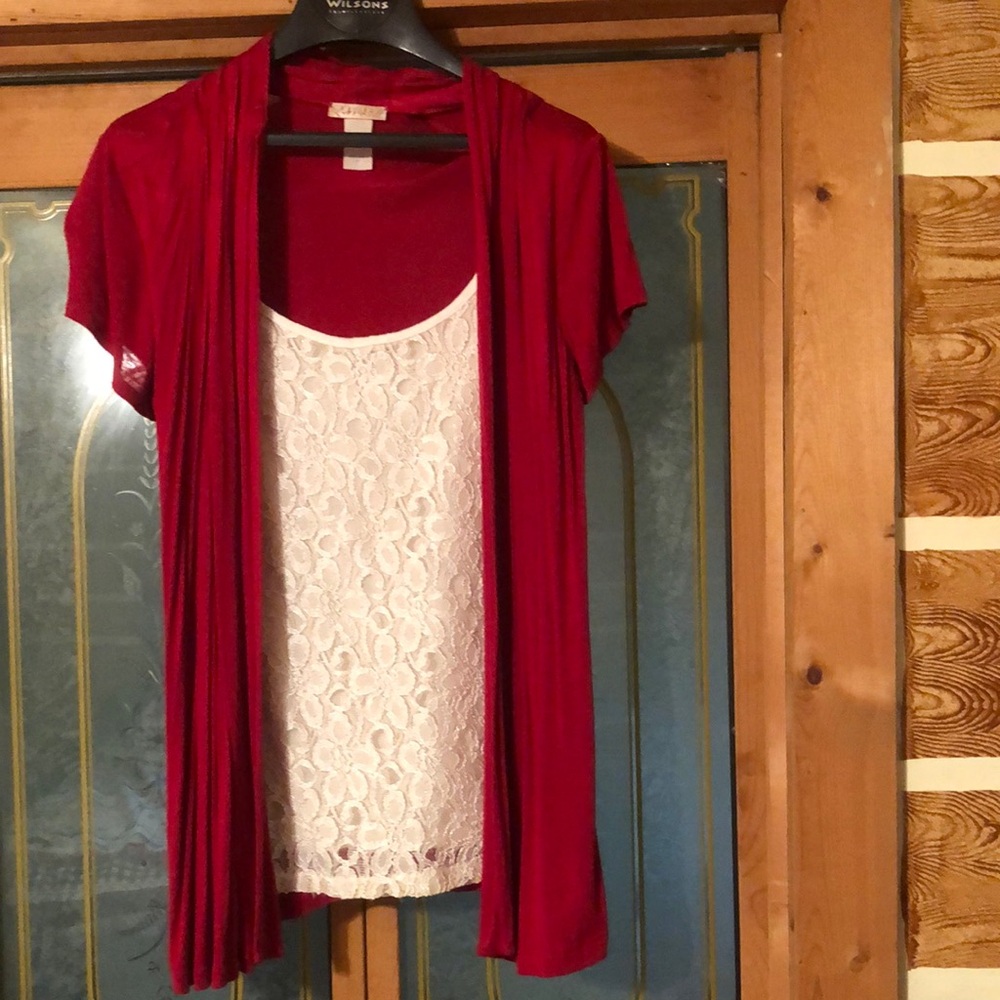 Lavish sz medium cardigan lace blouse attached combo red & cream/off-white